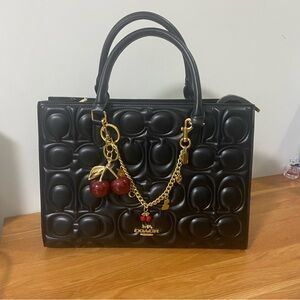 Coach Black Embossed Satchel with Cherry Charm